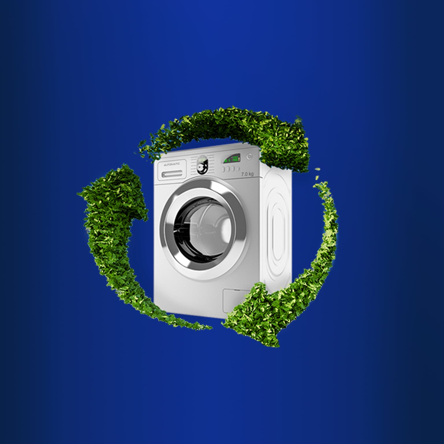 washing machine surrounded by green arrows - illustration