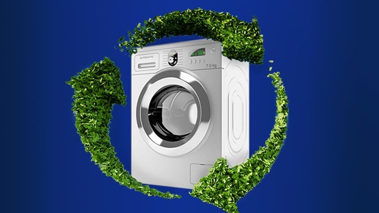 washing machine surrounded by green arrows - illustration
