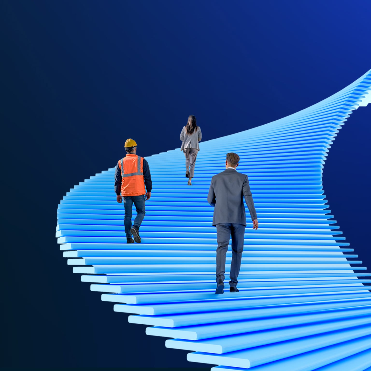 Business man, utility worker, and business woman walking up spiraling staircase.