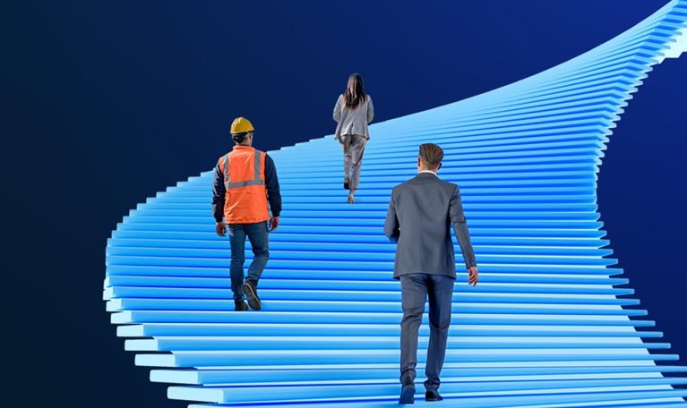 Business man, utility worker, and business woman walking up spiraling staircase.