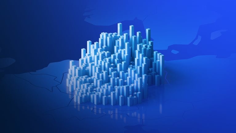 Diese 3D-Illustration zeigt eine futuristische, abstrakte Stadtlandschaft.