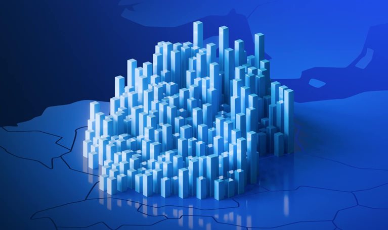 Diese 3D-Illustration zeigt eine futuristische, abstrakte Stadtlandschaft.