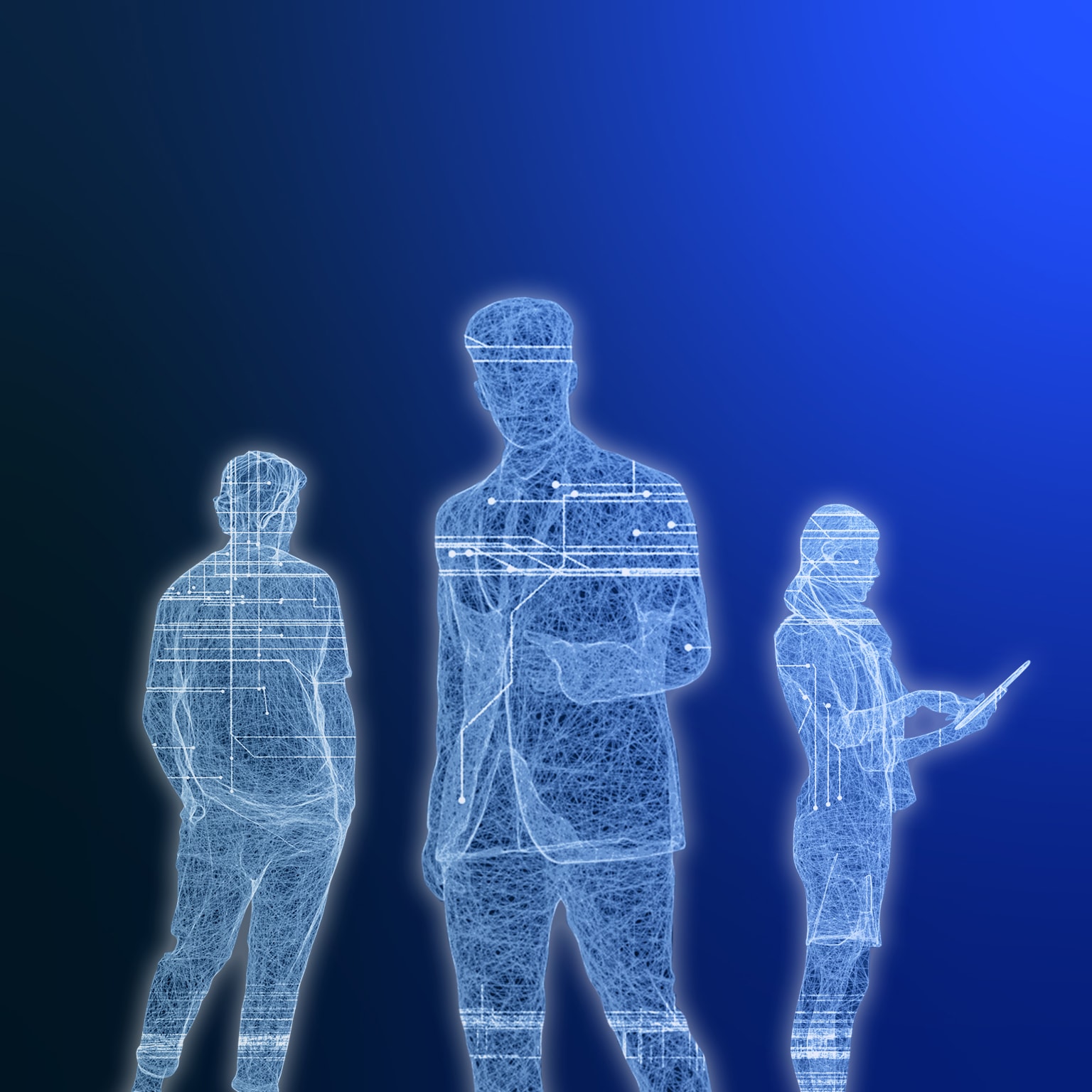 Silhouettes of three business people drawn in outline of digital lines.