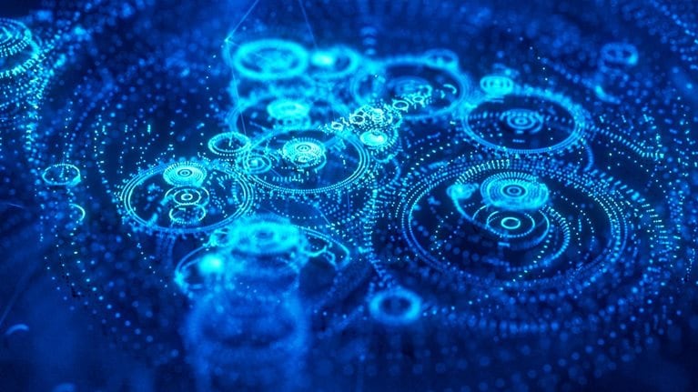 Image of digital light shaped like intricate clockworks.