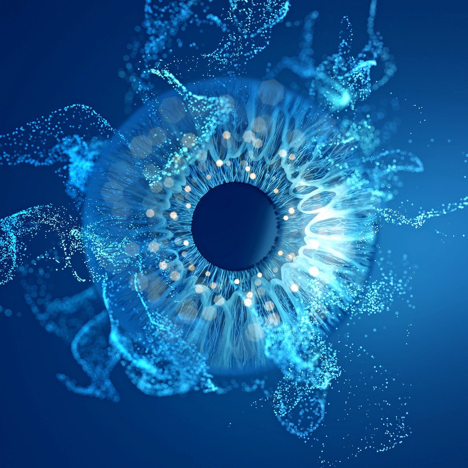 Eye biometrics and particle on a dark blue background