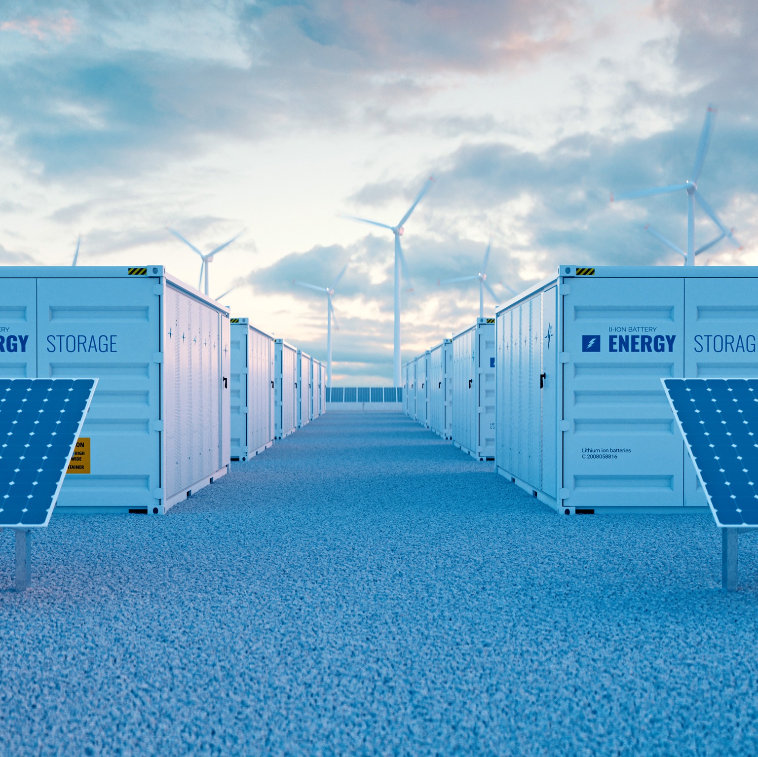 Battery storage power station accompanied by solar and wind turbine power plants.