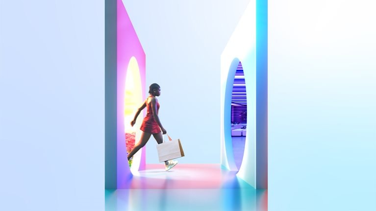 Conceptual image of a person carrying a shopping bag and walking from one circular portal, with a brightly colored outside scene visible inside it, towards another portal, this one containing a neon-lit futuristic store.