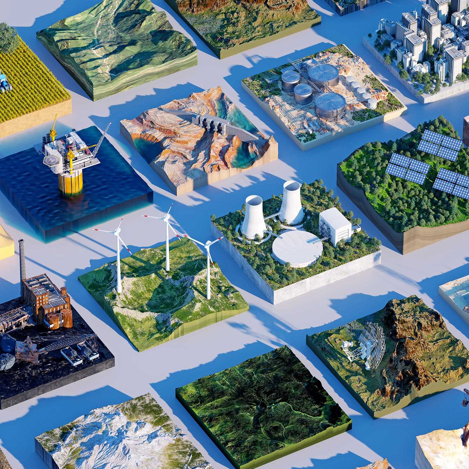 Digital generated image of multiple environmental rectangular cross sections with different types of energy supply. Sustainable city concept.