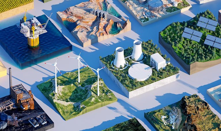 Digital generated image of multiple environmental rectangular cross sections with different types of energy supply. Sustainable city concept.