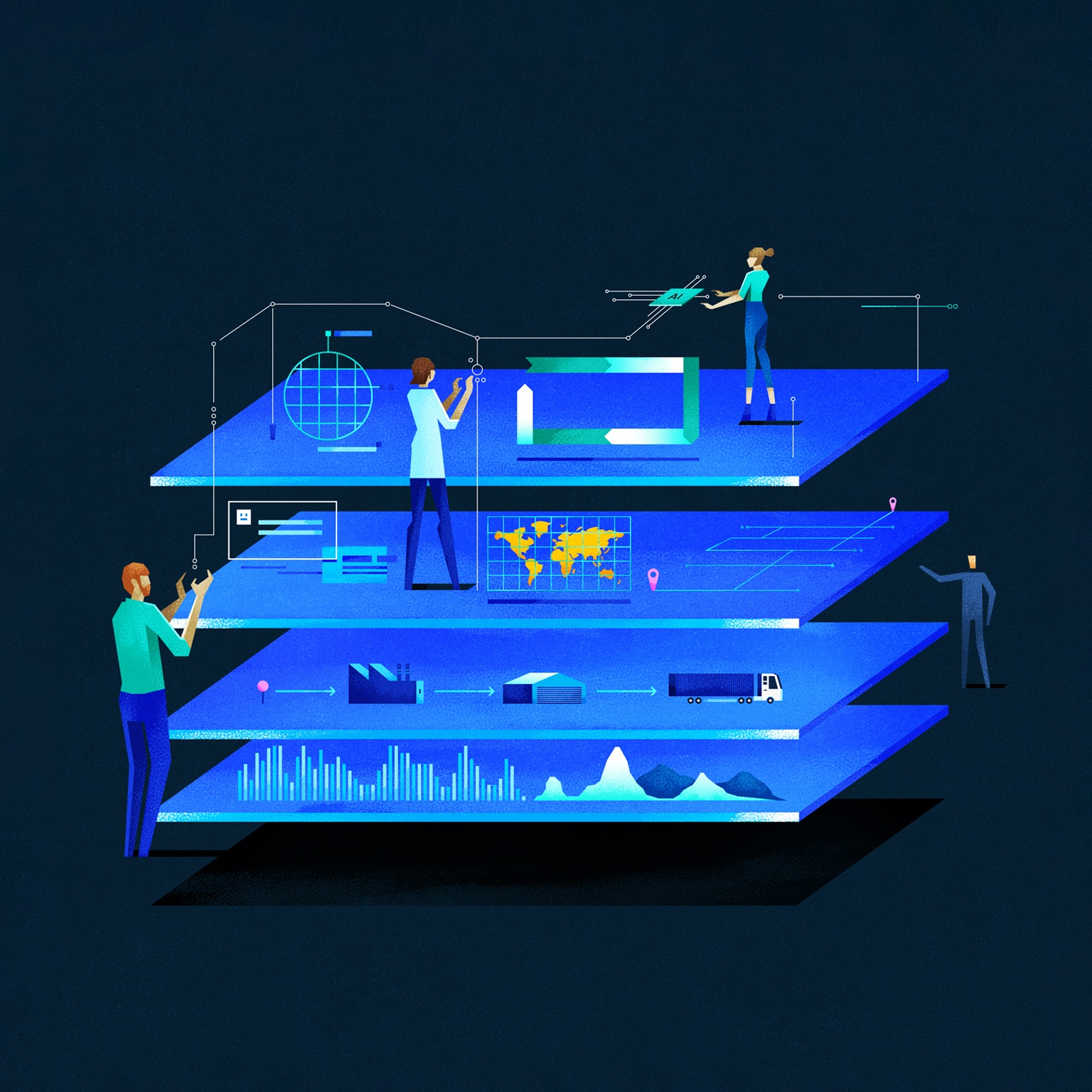 Isometric Illustration of people collaborating around a multi-layered structure representing data analysis and global supply chain management. 