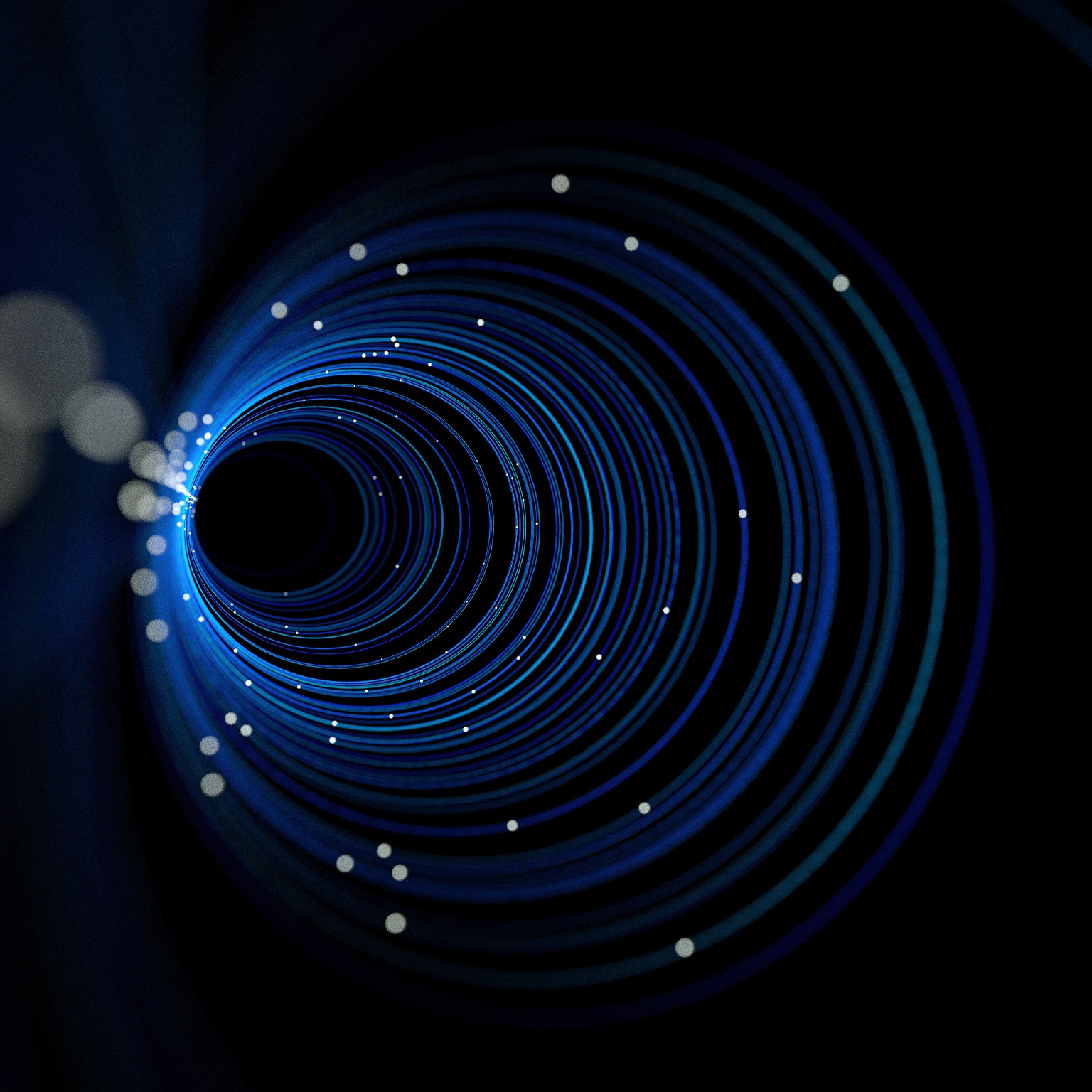 Computer neural network concept. Concentric circles, with lights twinkling in the background, stretching to infinity.