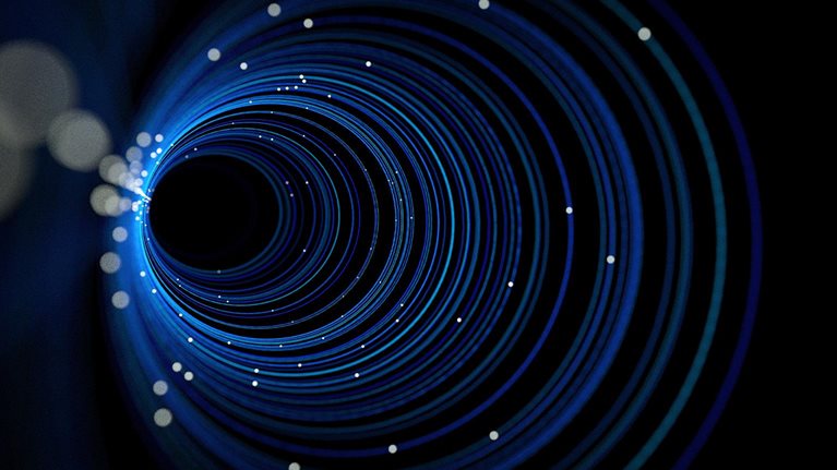 Computer neural network concept. Concentric circles, with lights twinkling in the background, stretching to infinity.