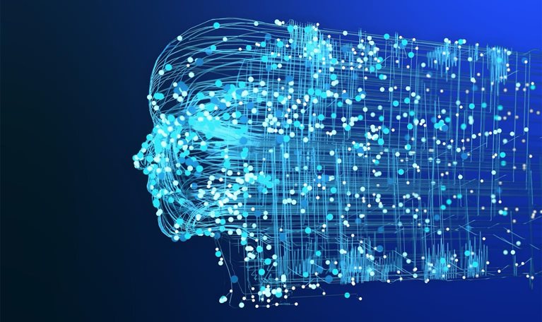 Light dots and lines evolve into a pattern of a human face and continue to stream off the the side in a moving grid pattern.