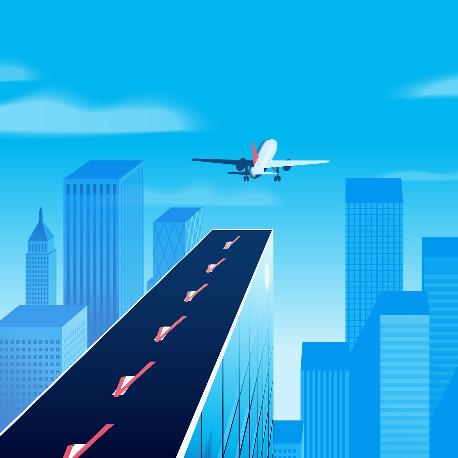 In the city skyline, a rooftop becomes a runway as a plane lifts off into the sky. In the middle of the runway are dividers shaped like checkboxes, each one marked with a checkmark.