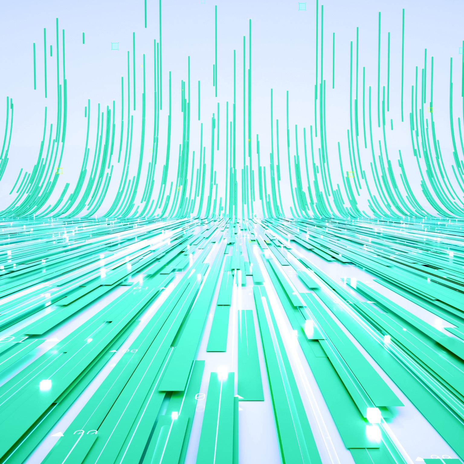 Abstract aqua green lines and rectangular shapes flow across a surface and curve upward into the distance.