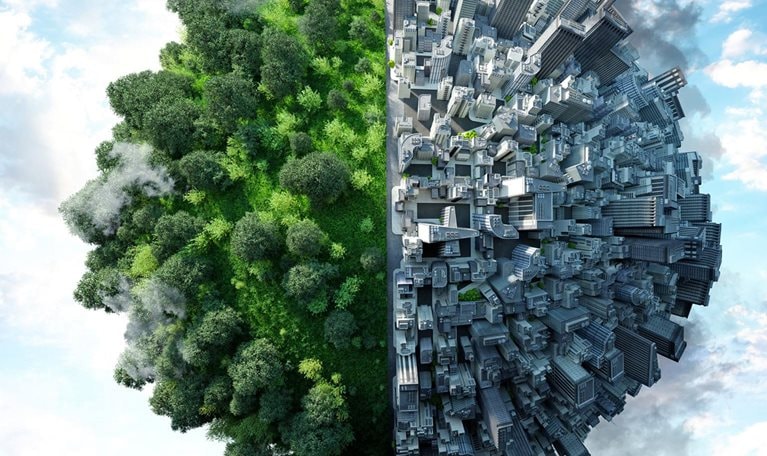 A digitally generated image showcases a planet with two semi-spheres connected, where the left side is adorned with lush trees while the right side is a bustling urban landscape dominated by towering buildings.