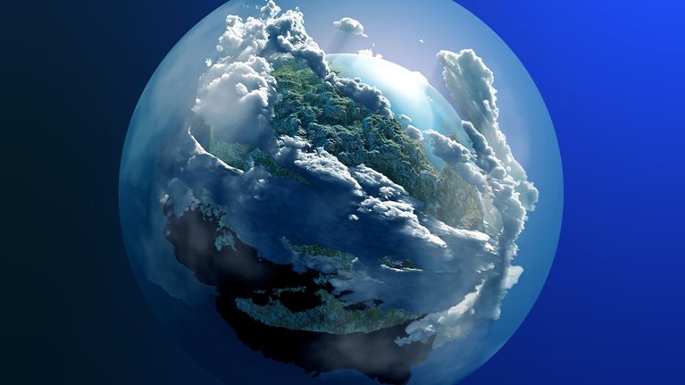 The earth's image with green cover artistically included among clouds covering the globe