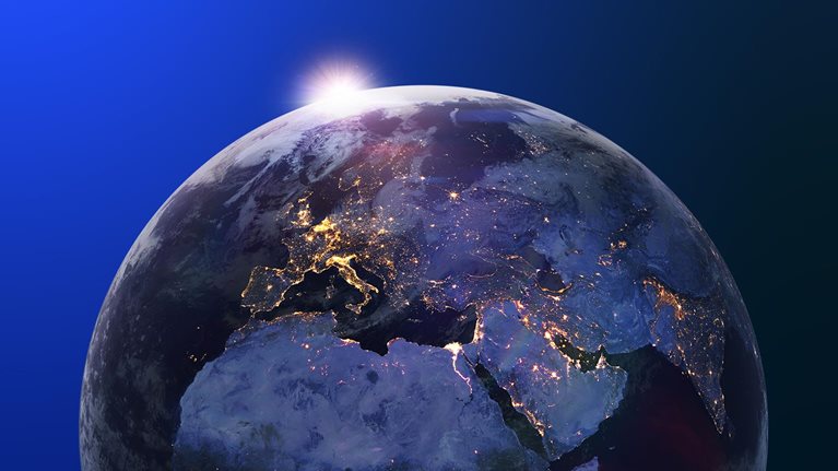 Illuminated outline of countries on earth from outer space