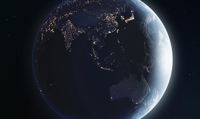 Earth View From Space Full Rotation 360 degrees with the Sun Light, Cities at Night Looped 3d Animation. Dark Planet Turning in Outer Space. Elements Furnished by NASA. Nature, Technology Concept - stock video