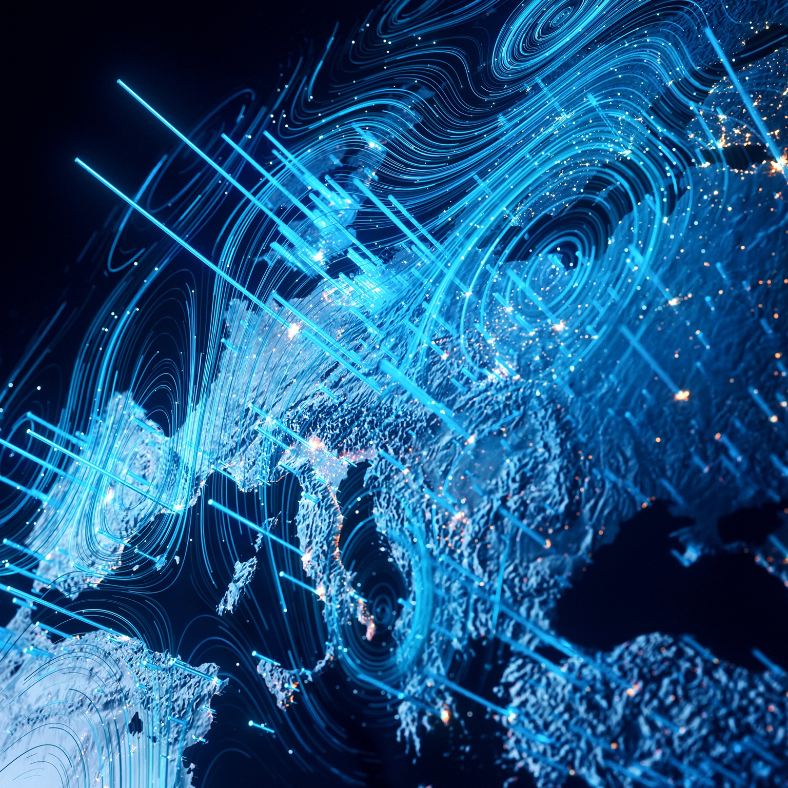 swirling blue and black globe, focusing on Europe