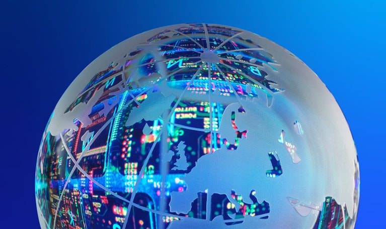 clear glass world globe with red and blue backlights