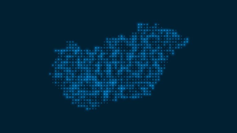 Hungary dotted glowing map. Shape of the country with blue bright bulbs.