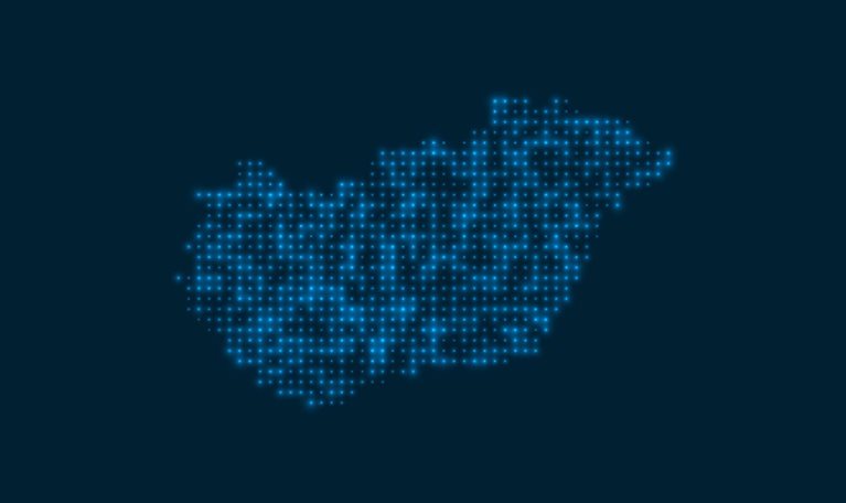 Hungary dotted glowing map. Shape of the country with blue bright bulbs.