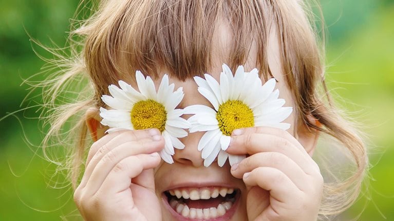 The girl is holding chamomile flowers in her hands