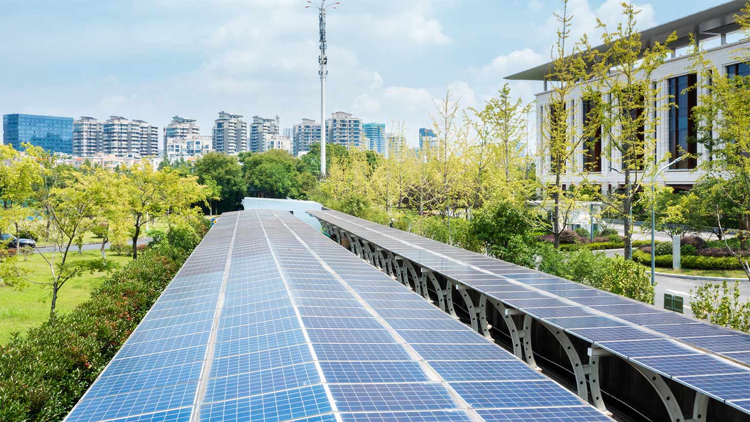Solar panels near city dwelling