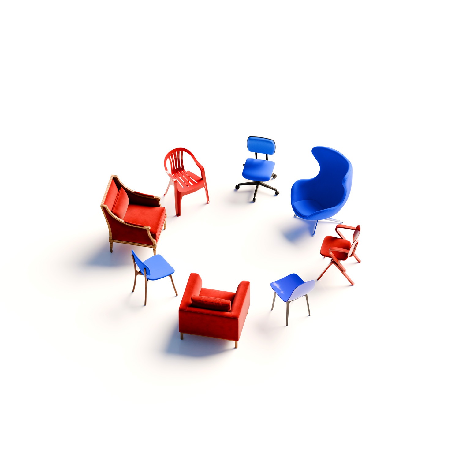 A circle of chairs in various styles creates an ideal setting for collaboration.