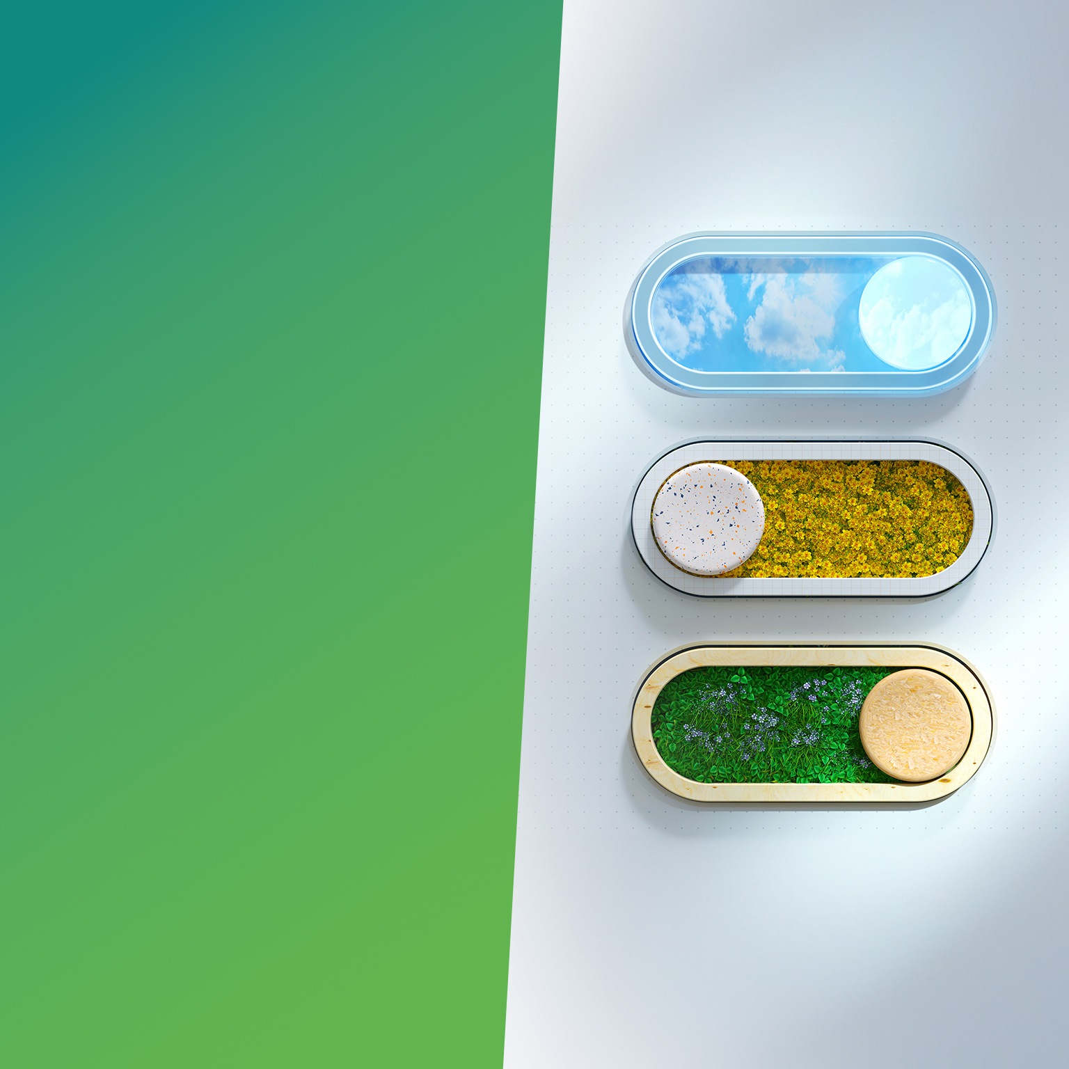 Digital generated image of sustainable horizontal bar graph opening grass, flowers, and sky environment.