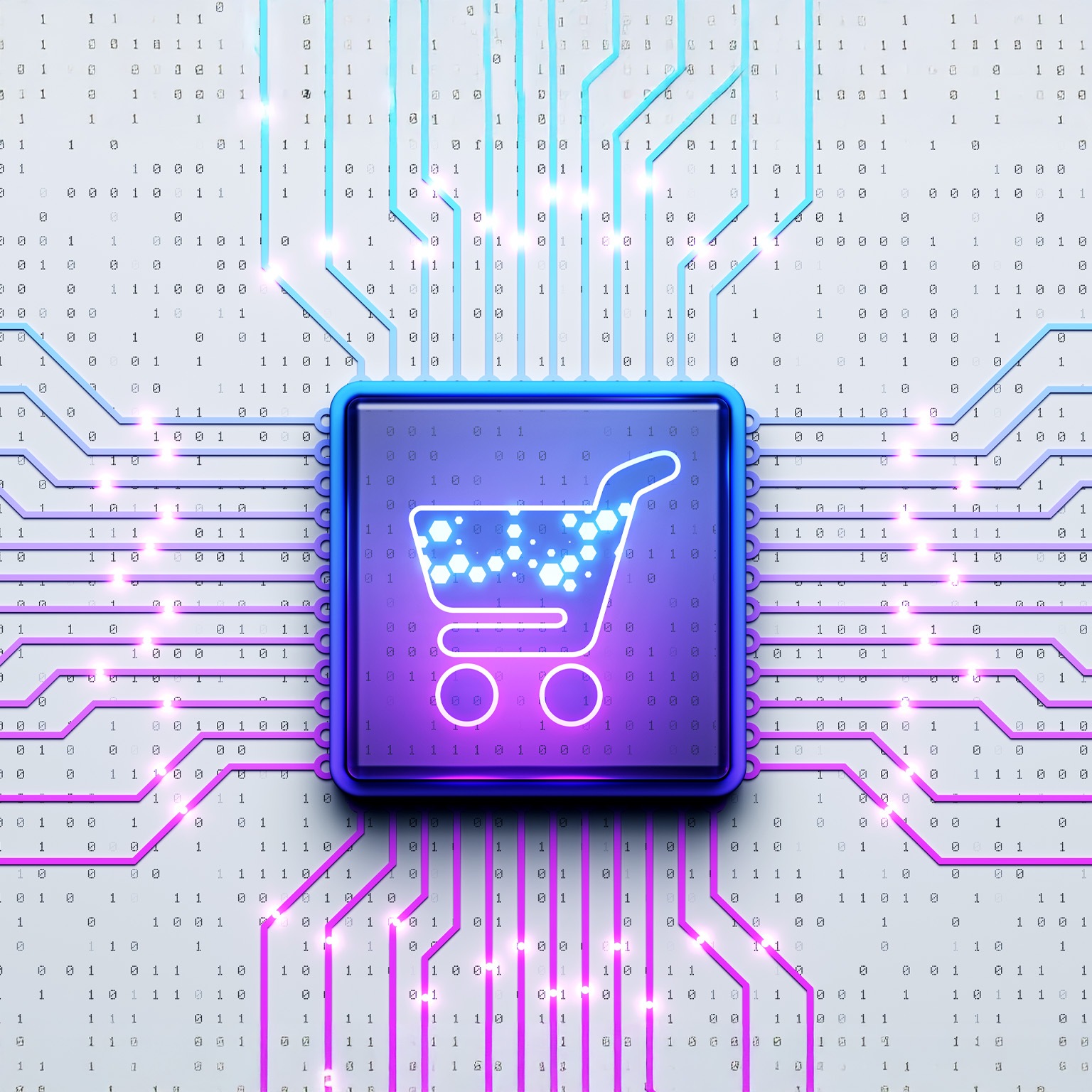 A glowing neon shopping cart icon embedded in the center of a microchip, with luminous circuit lines radiating outward in blue and purple tones. 