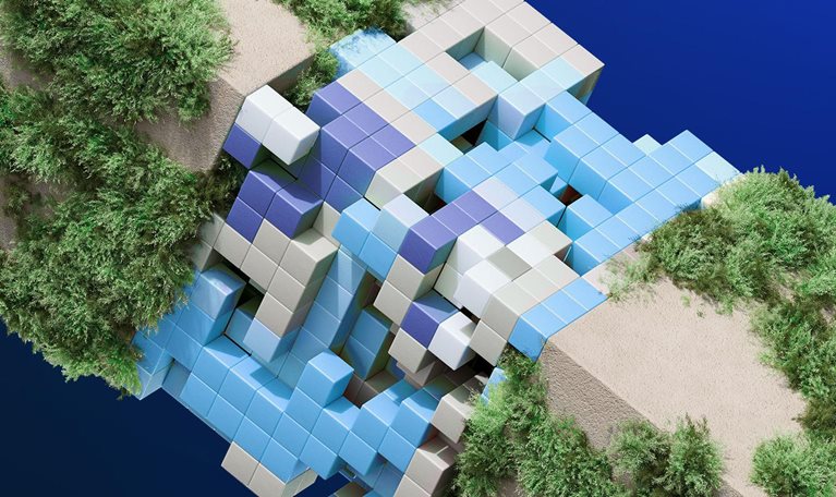 The fusion of cubes and moss can be interpreted as the integration of technology with nature. This concept could explore the ways in which digital and technological advancements can work hand-in-hand with natural ecosystems for the future of sustainability.
