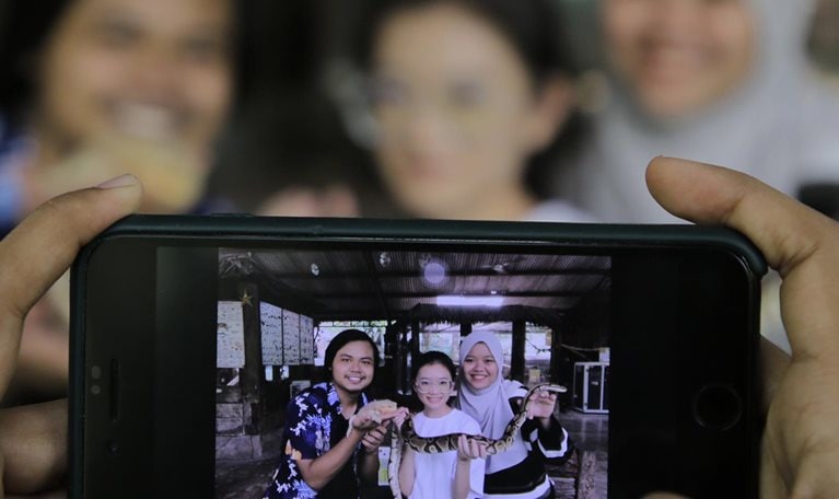A group of young Asian friends are taking group photo with Royal Python during weekend outing at petting zoo in Malaysia.