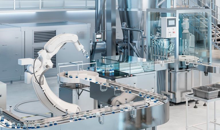 3D rendering of an automatic medicine manufacturing plant. Robotic arm working on medicine manufacturing production line.