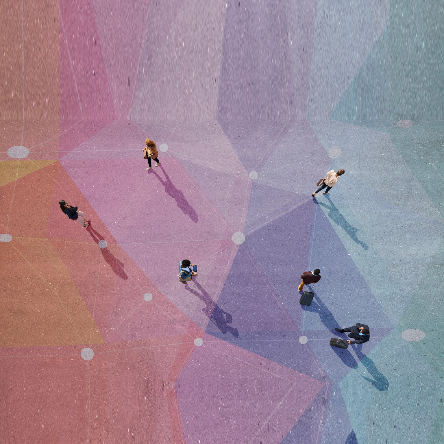 Top view of people walking in different directions of pattern, painted on asphalt - stock photo