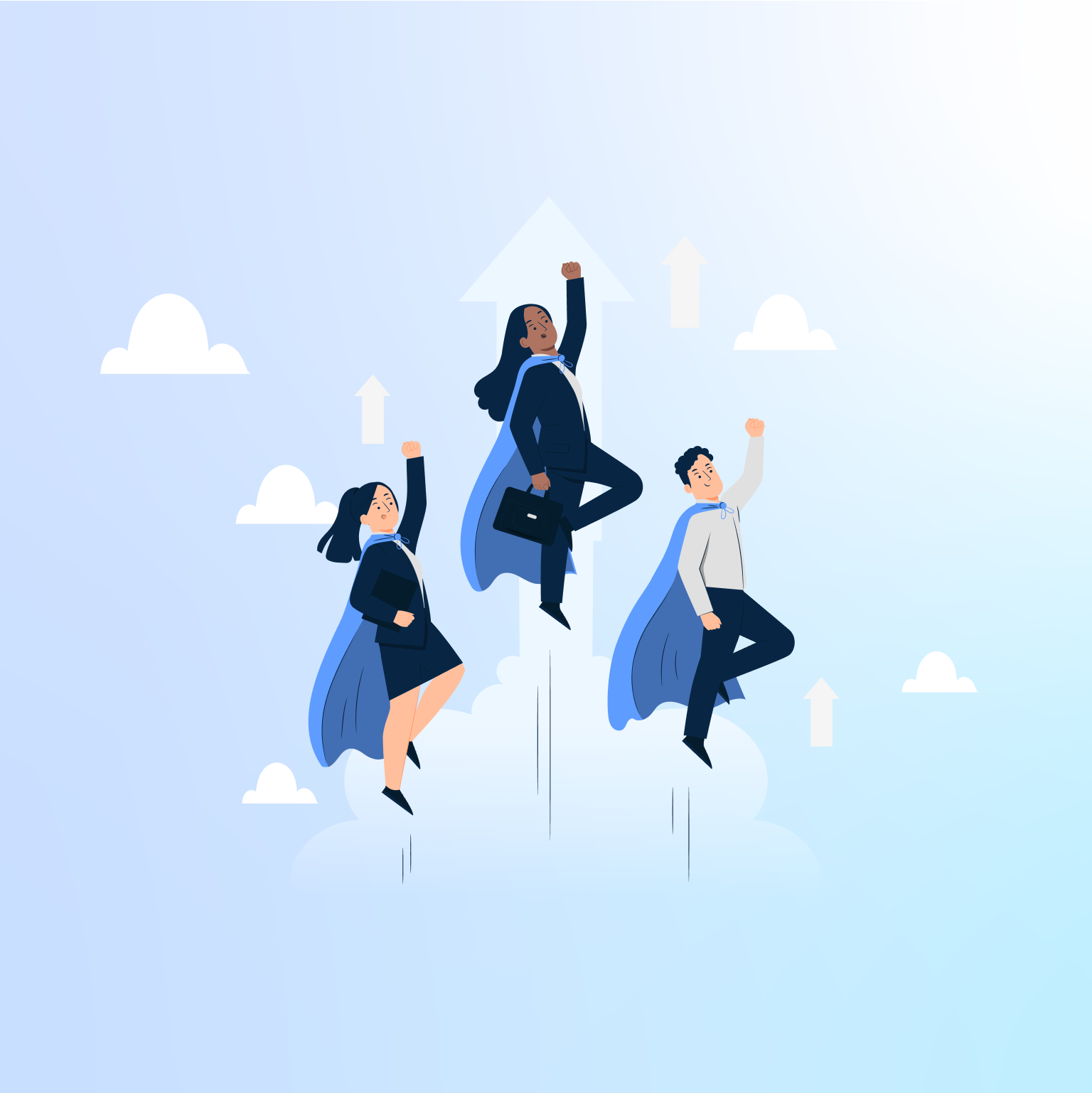 three business people in capes flying straight up in formation - illustration