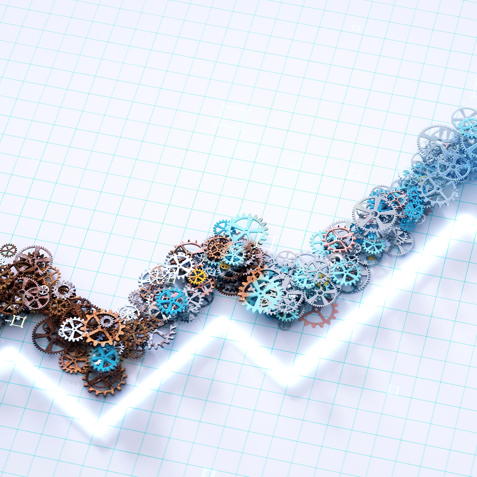 Digital generated image of abstract growing diagram made out of gear wheels