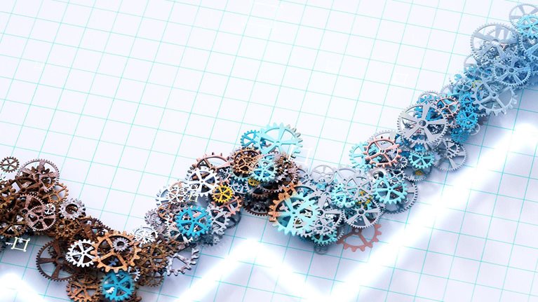 Digital generated image of abstract growing diagram made out of gear wheels