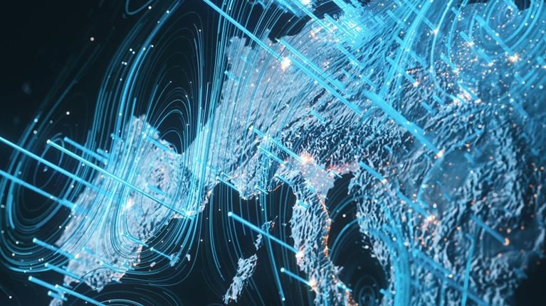 Conceptual visualization of global data flow or network connections, likely representing complex systems. It illustrates data movement across the European continent and surrounding areas.