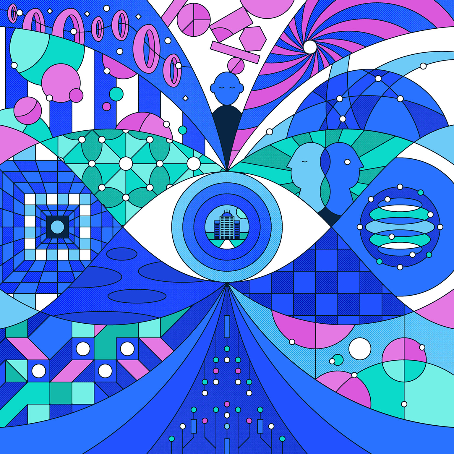 Abstract illustration reflecting themes of tech innovation, economic disruption, and changing workforce structures through icons, shapes and patterns.
