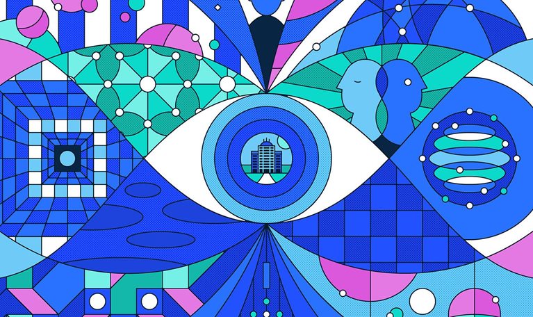 Abstract illustration reflecting themes of tech innovation, economic disruption, and changing workforce structures through icons, shapes and patterns.