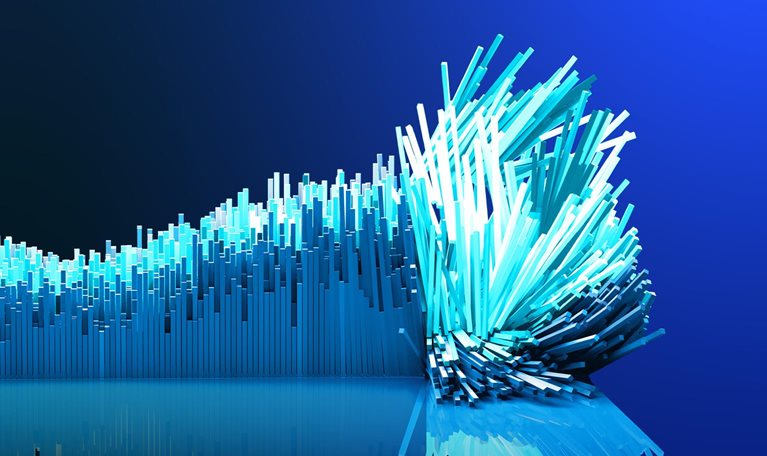An 3D image of a bar graph exploding forward at an inflection point.