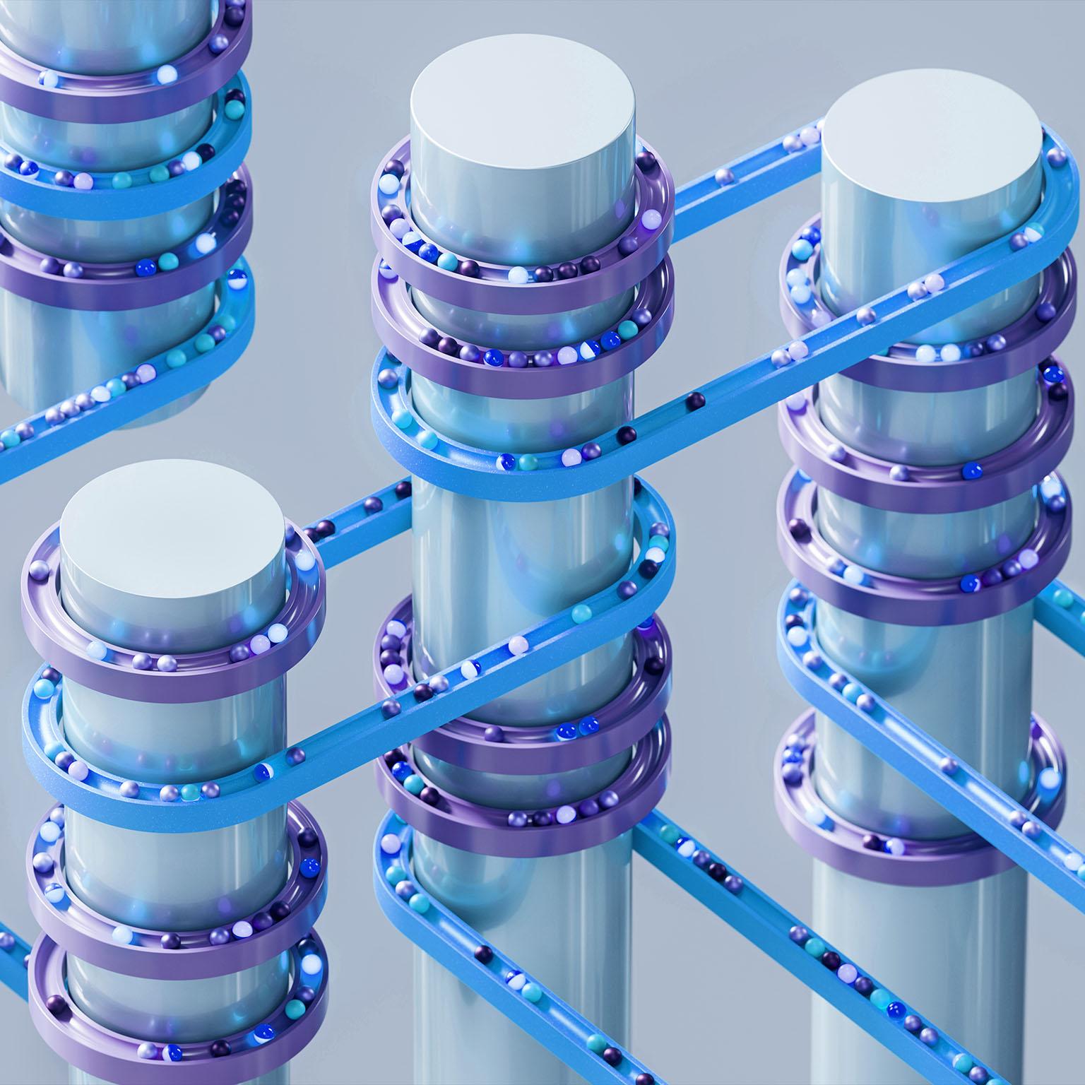 3D render of interconnected cylindrical nodes wrapped with circular tracks carrying small spheres through multiple routes. Concept for AI infrastructure, data pipelines, network connectivity, and automated processing.