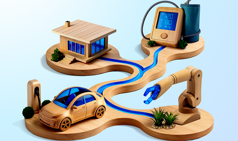 Four wooden models—a modern house, a blood pressure monitor, an electric car at a charging station, and a robotic arm—are arranged left to right on a wavy wooden base, connected by a glowing blue path.