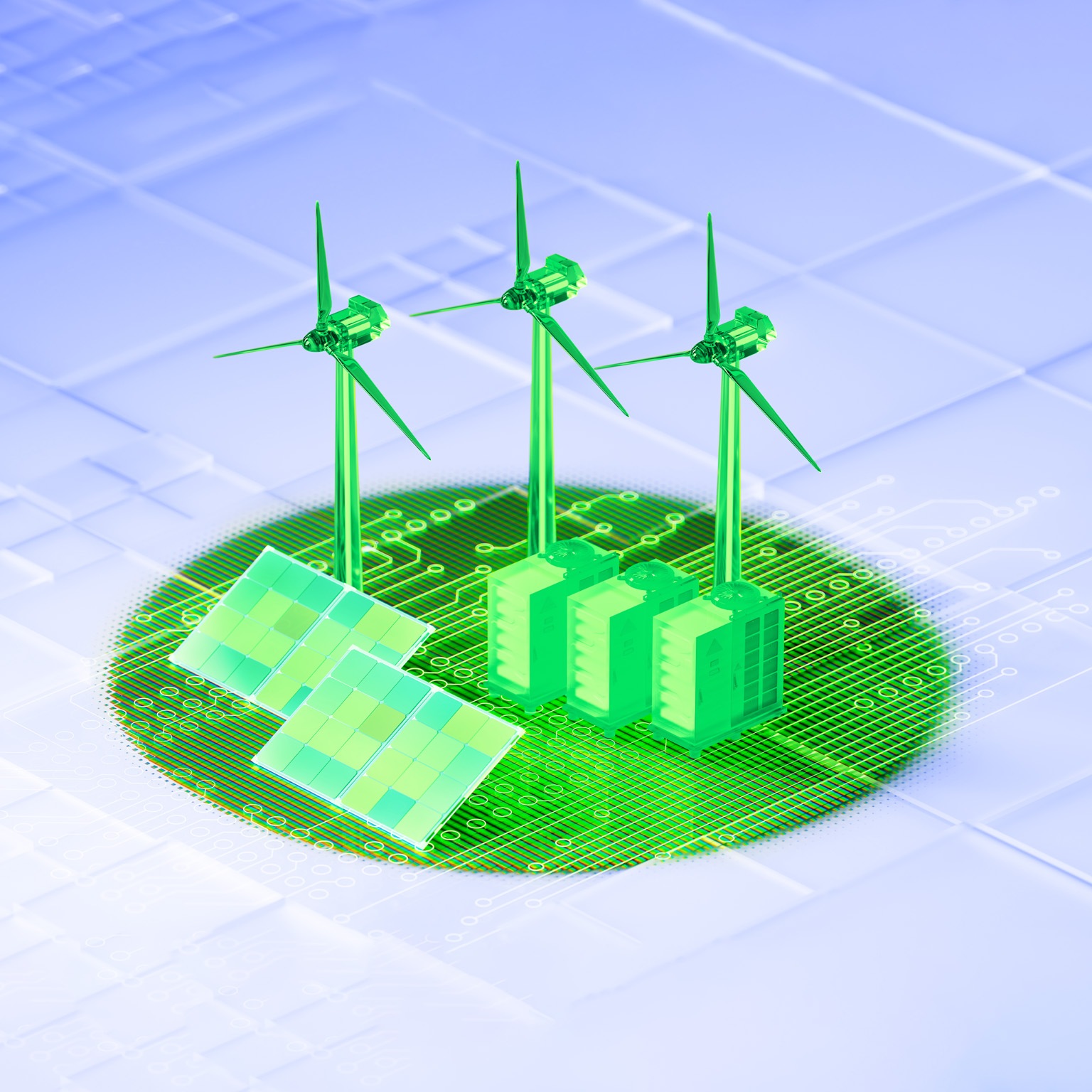 A computer network is topped with a 3D rendering of solar panels and wind turbines, along with energy storage.