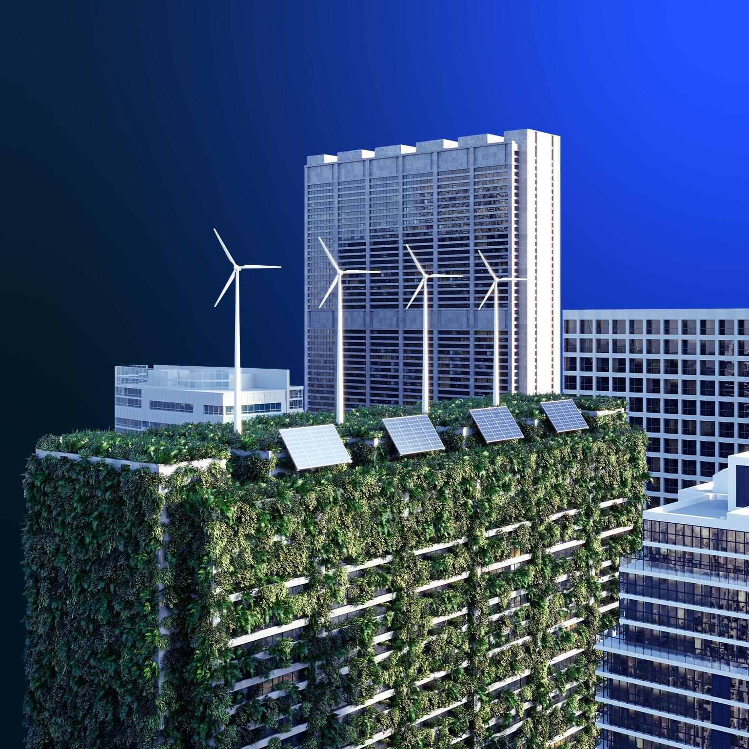 Image of high-rises in a cityscape focused on a sustainable building with solar panels, wind turbines, and a green roof.
