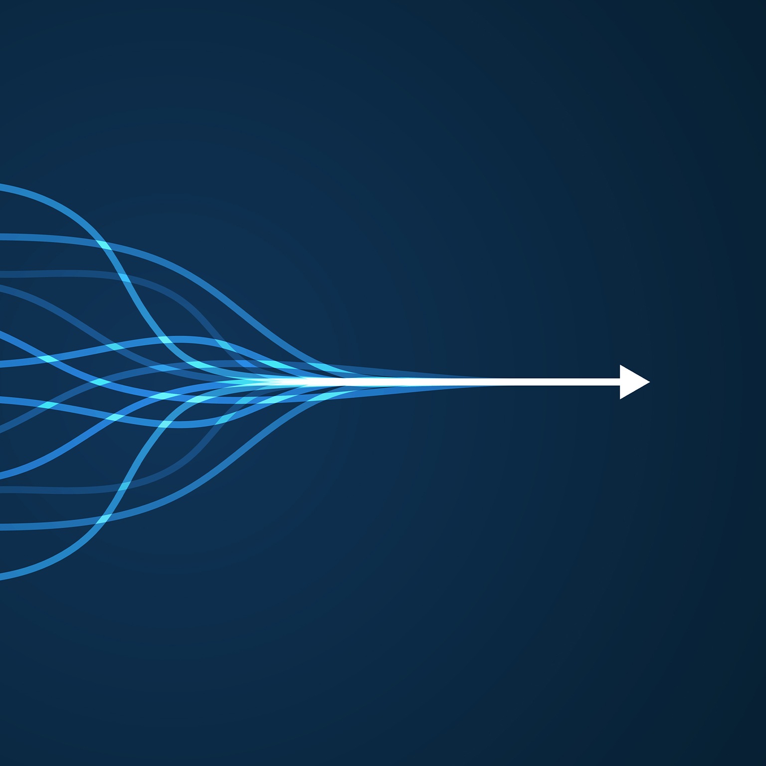 Abstract multiple high tech arrows consolidating into one, pointing in direction from left to right. - stock illustration