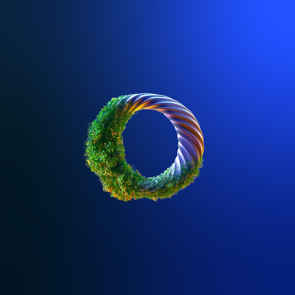 Digital generated image of abstract torus with growing plants on it against pink background.