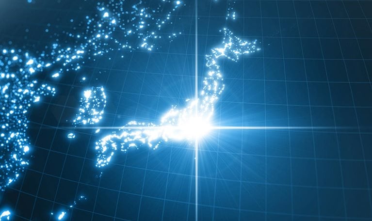 Power of Japan, energy beam on Tokyo. dark globe with illuminated cities and human density areas.